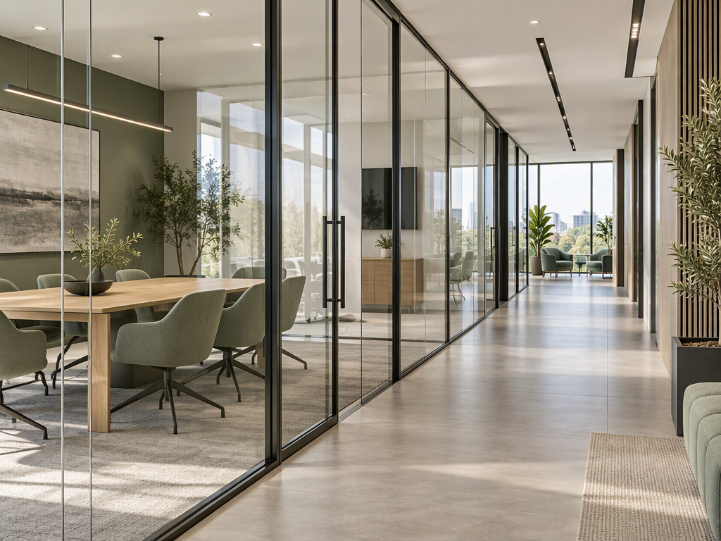 Illustrative commercial office with glass meeting-room partitions
