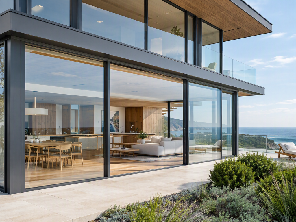 Illustrative coastal home with floor-to-ceiling glass and charcoal window frames