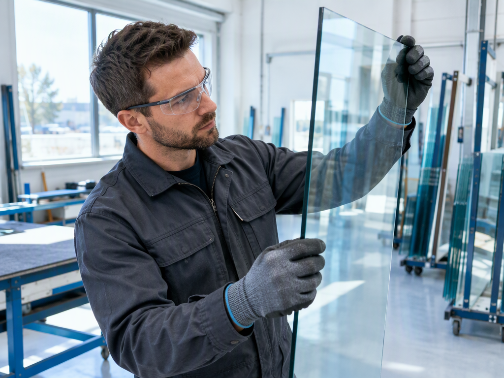 Illustrative glazier wearing protective equipment while inspecting a pane