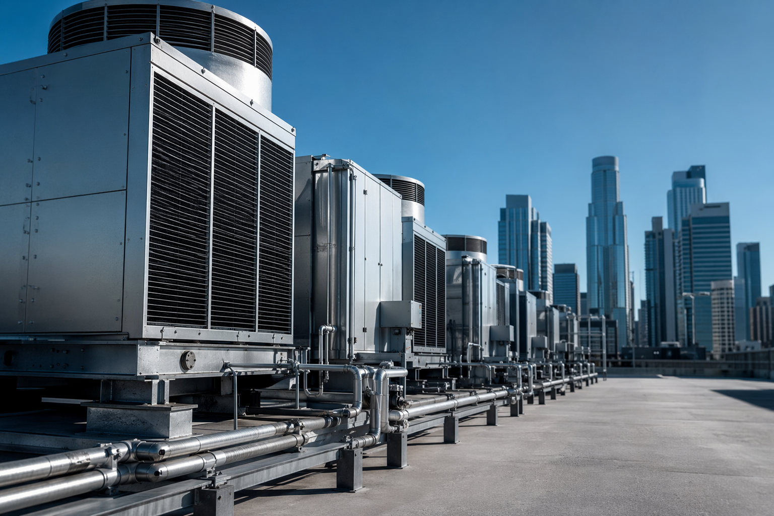 Instalación de equipos de aire acondicionado y climatización industrial en azotea de edificio comercial en Santiago, Chile
