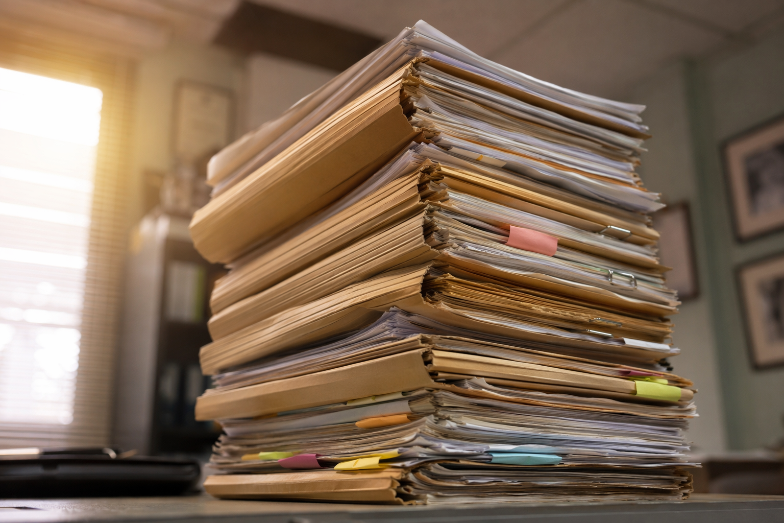 Tall stack of legal case files and documents