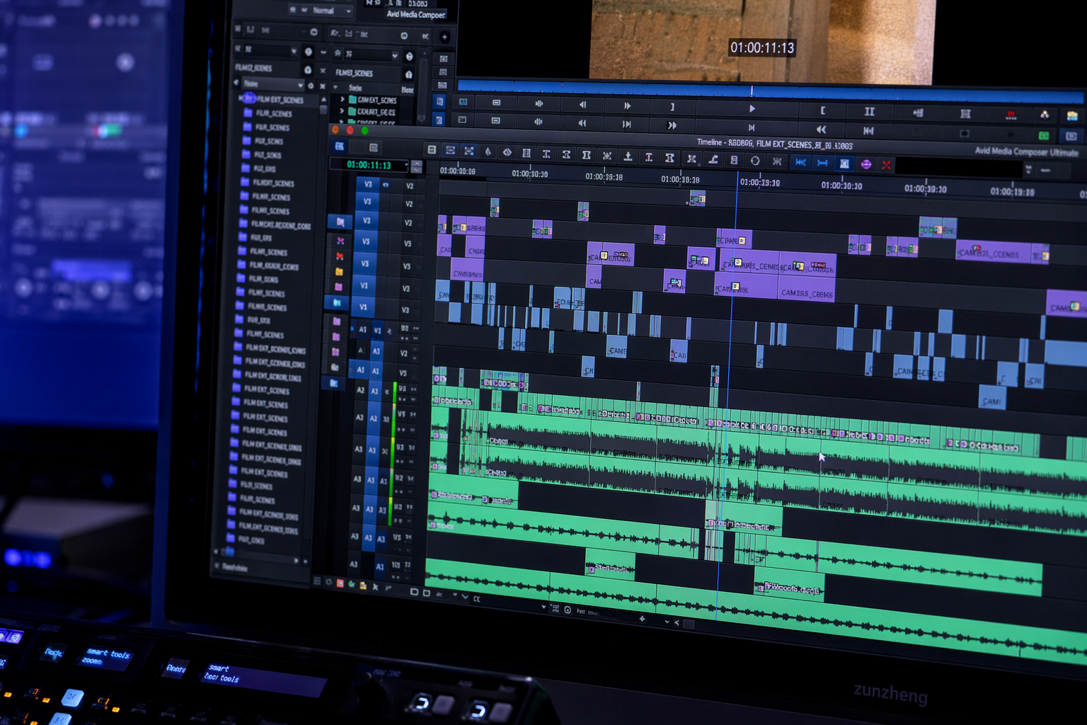 Avid editing timeline on screen