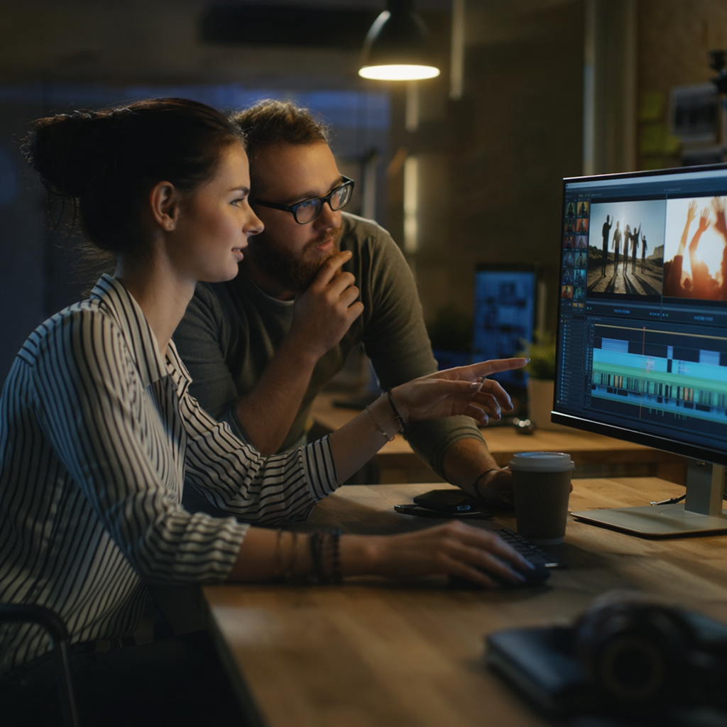 Two people collaborating in editing room with visible silhouettes