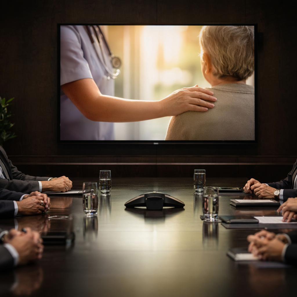 Conference room with arms on table and documentary on screen