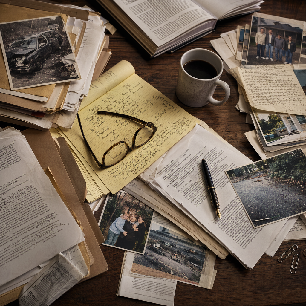Overhead view of a lawyer's desk with scattered photographs, legal documents, and handwritten notes