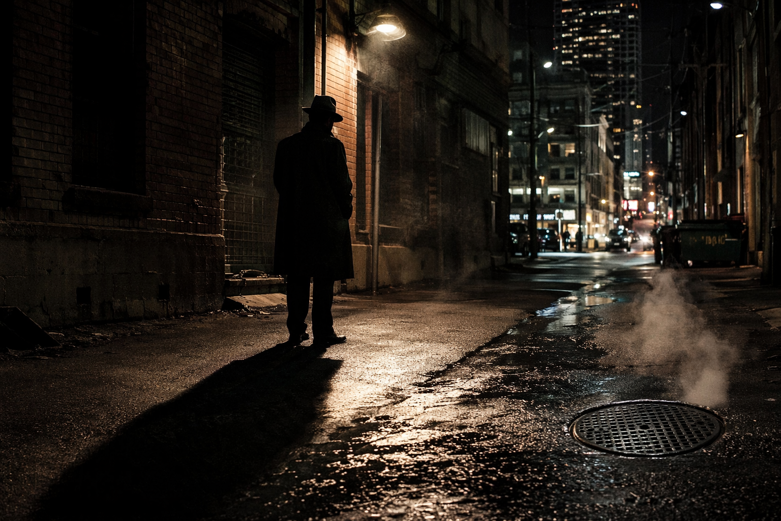 Dark street scene at night