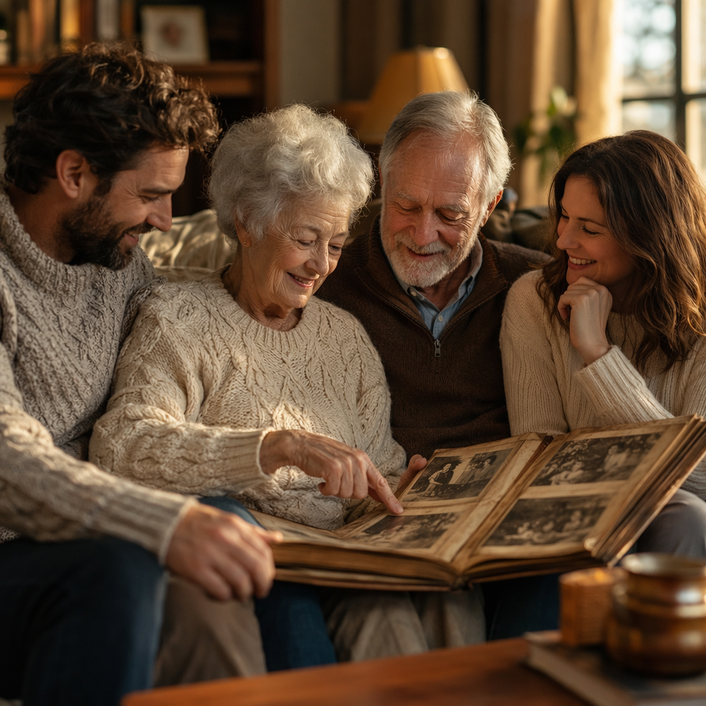 Family looking at photo album