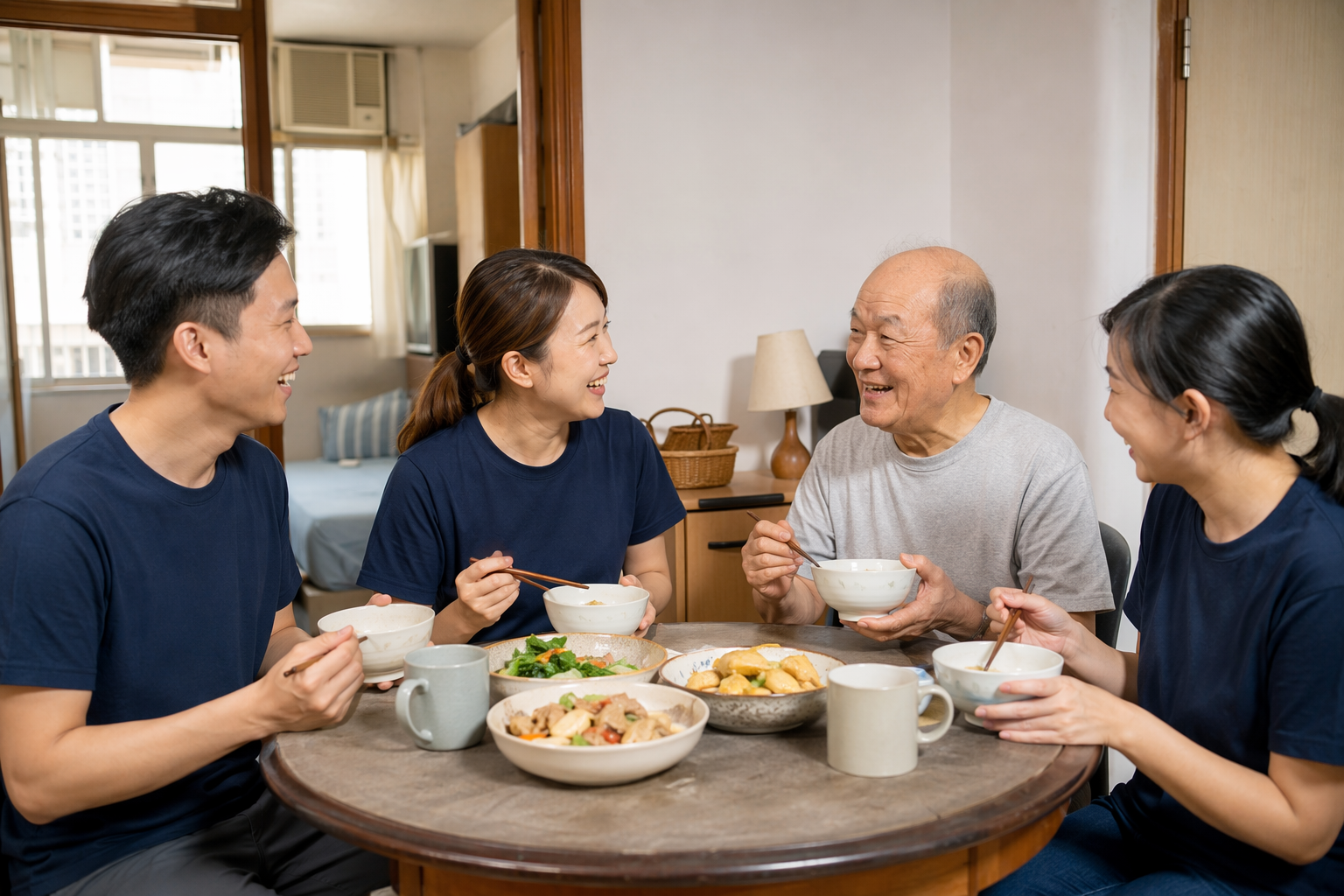 家訪隊義工與長者同枱食飯 送上物資 長者展露笑容