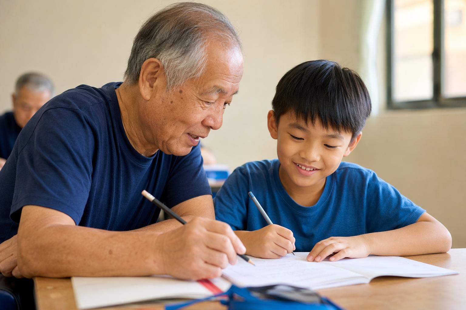 退休長者導師耐心輔導小朋友做功課 孩子展露笑容