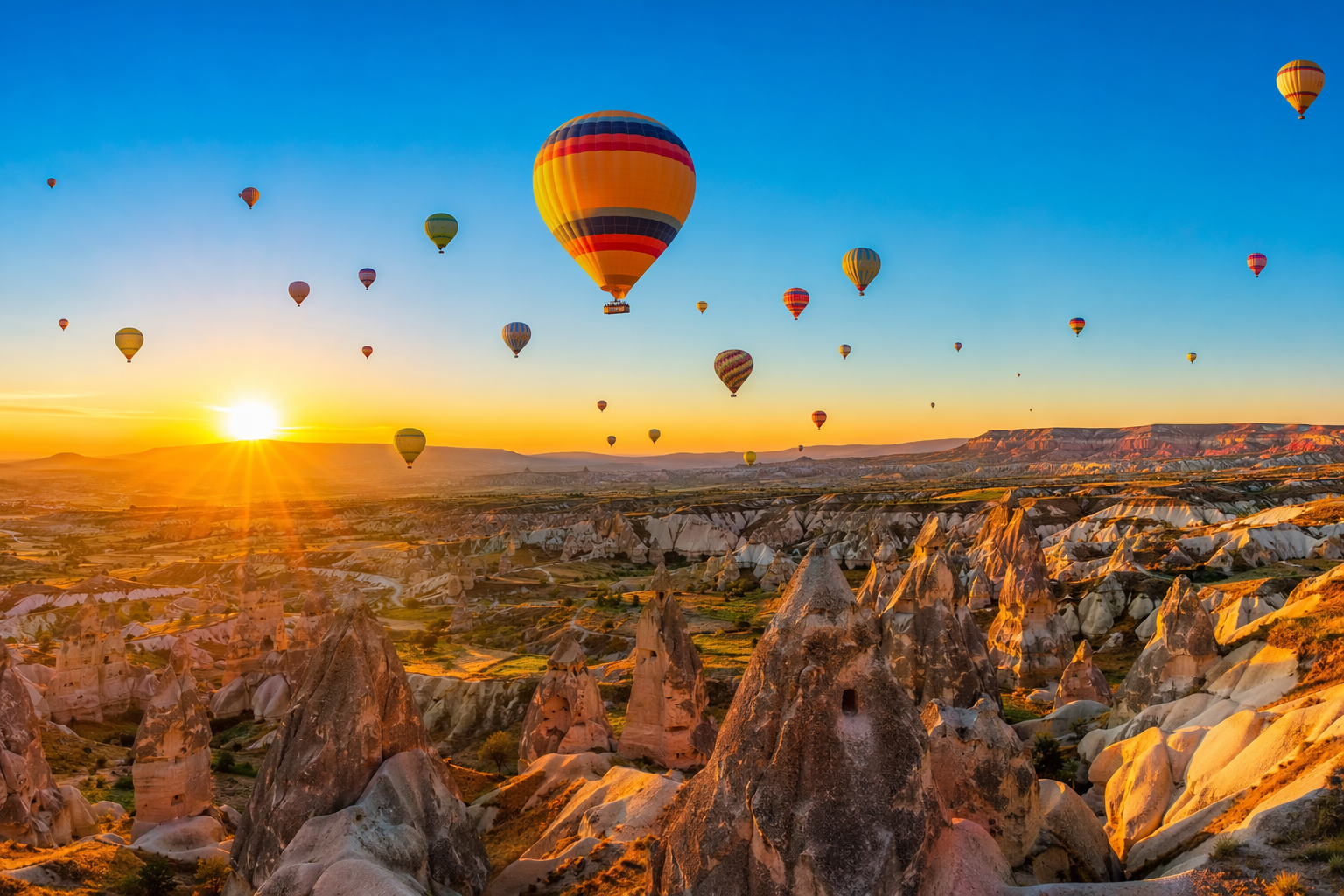 Bright sunrise over Cappadocia with colorful hot air balloons in a blue sky