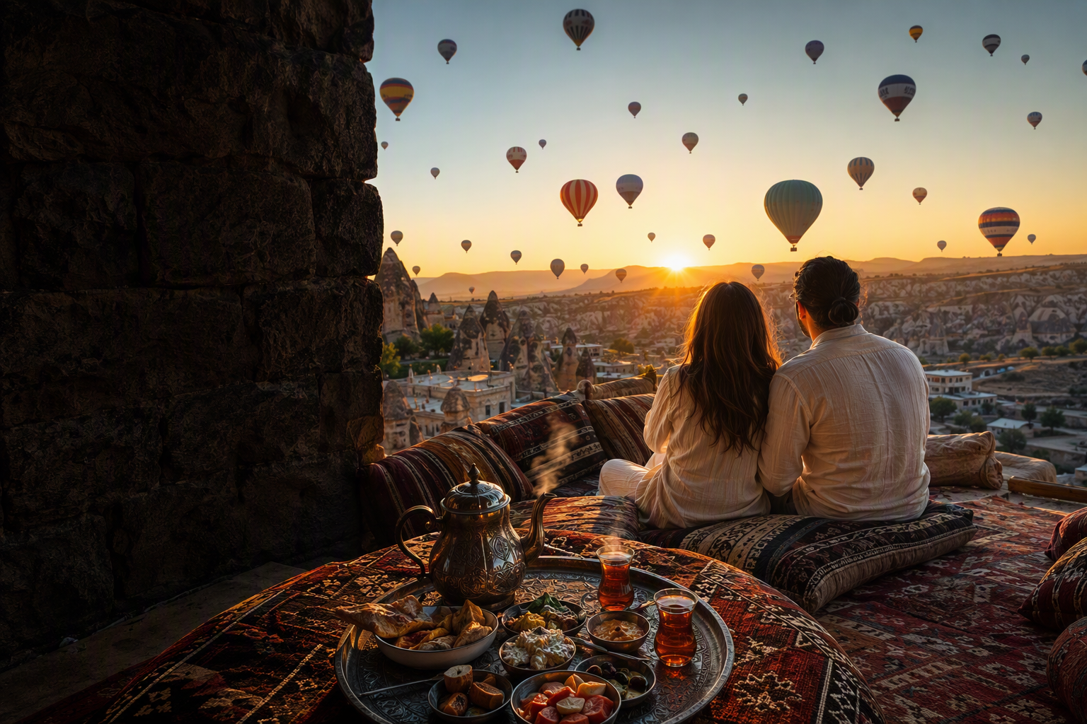 Couple having breakfast on a Cappadocia terrace with kilim carpets, overlooking a valley with hot air balloons at sunrise