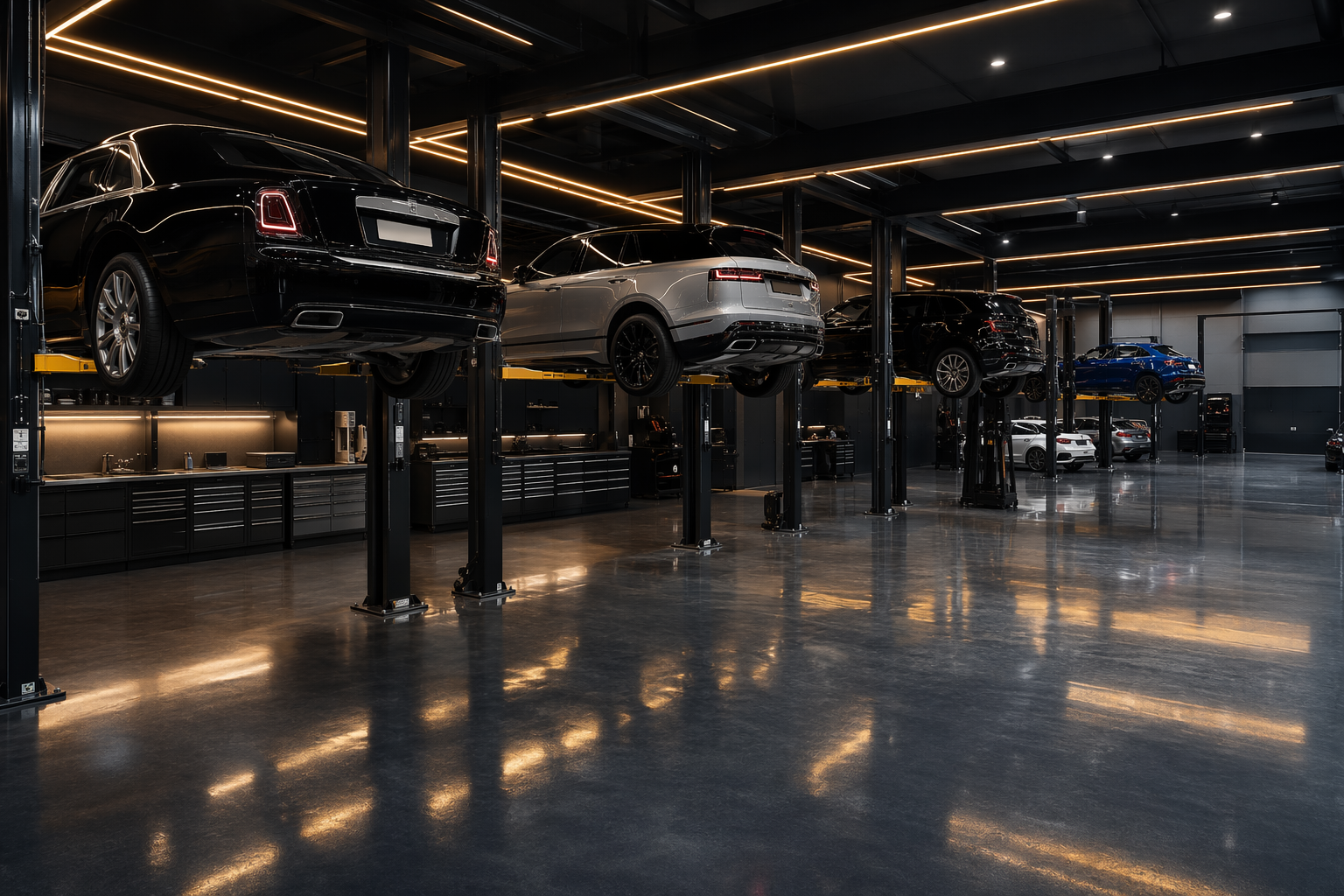Modern auto repair workshop interior