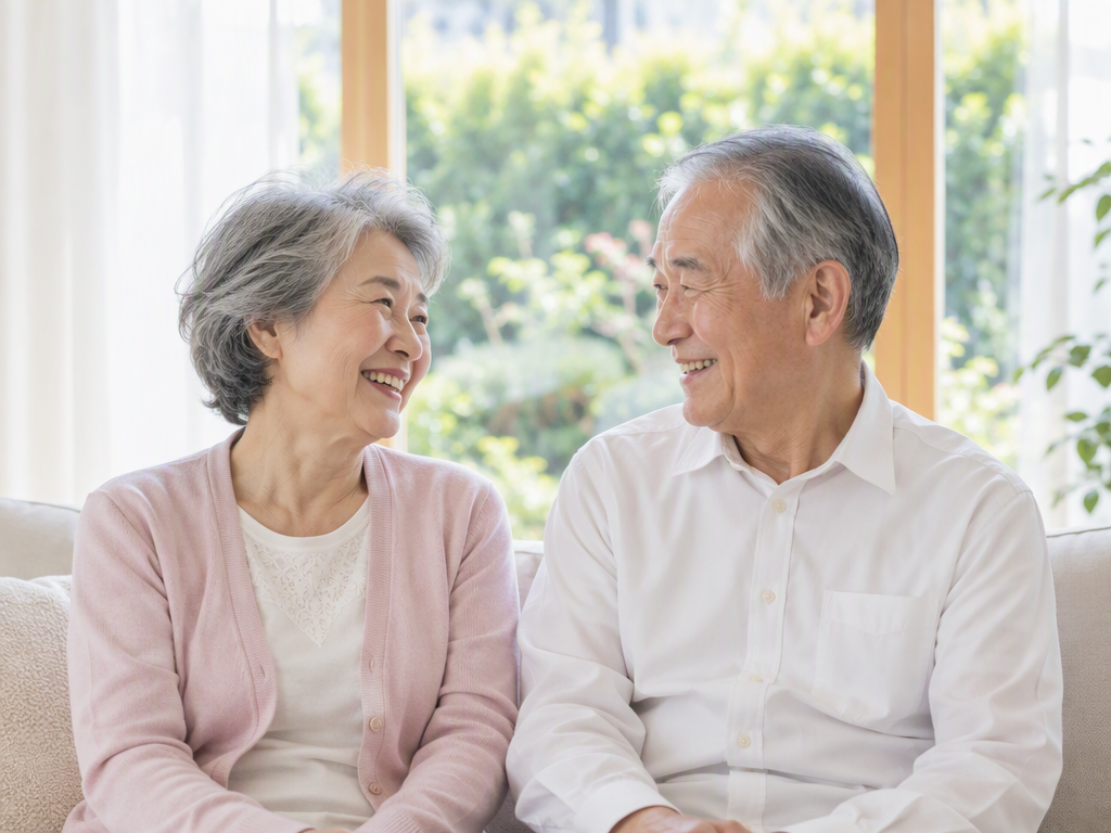 窓辺で穏やかに微笑む高齢のご夫婦のイメージ