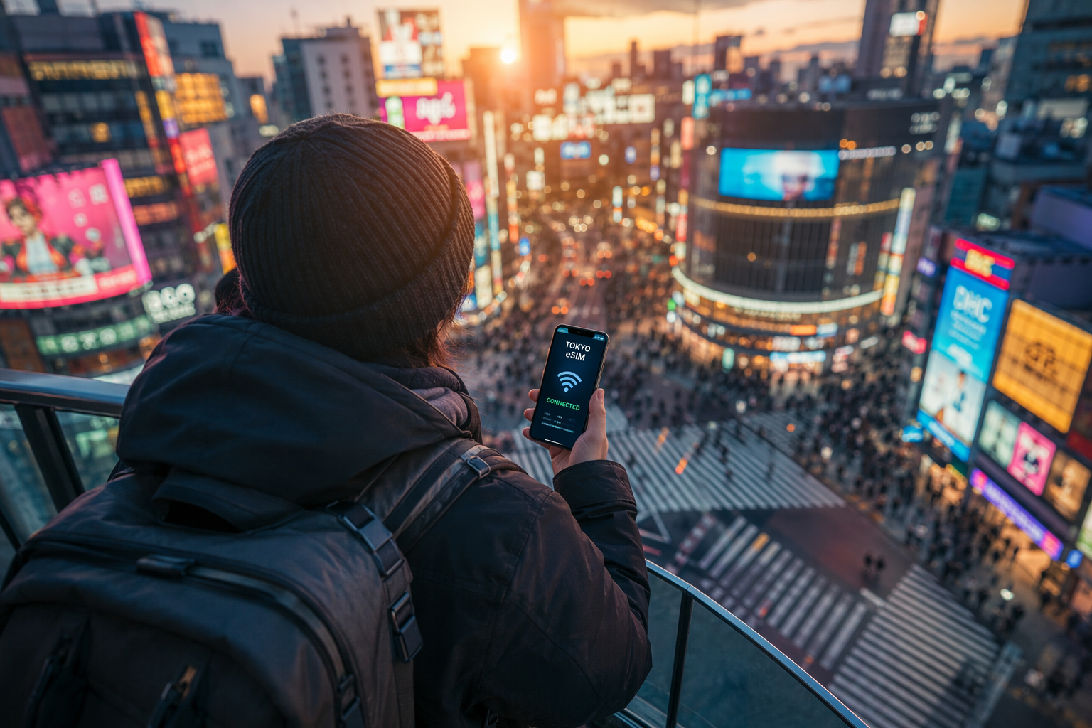 Traveler in Tokyo at golden hour
