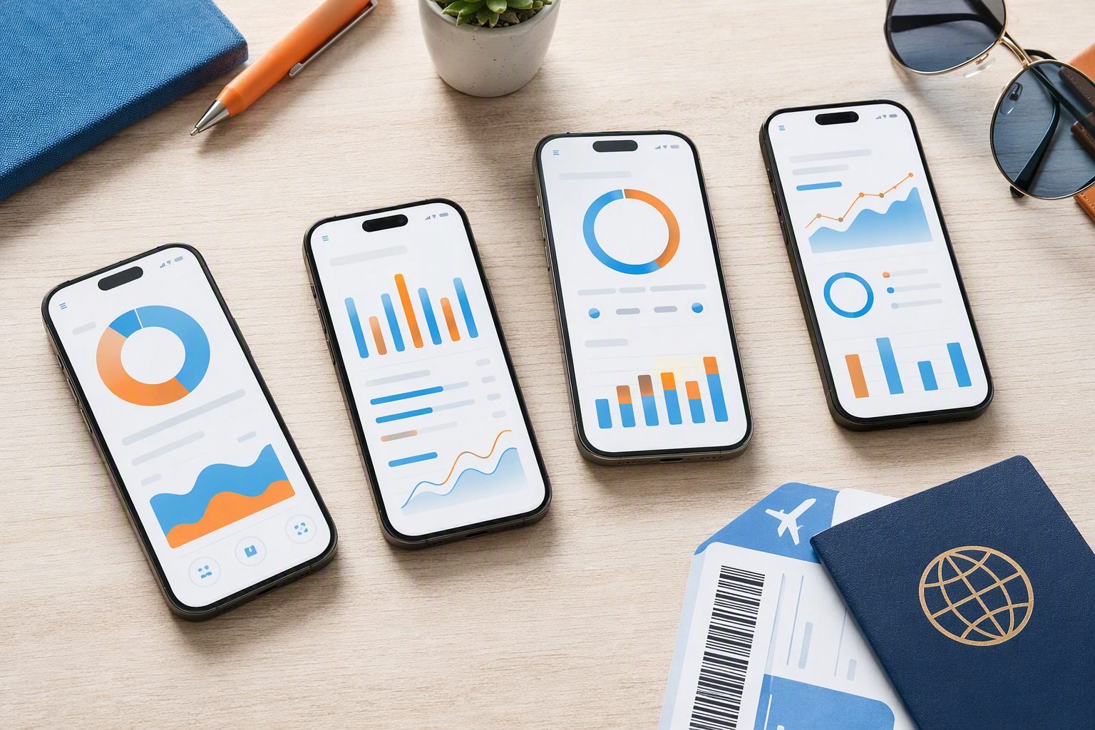 Four smartphones displaying travel eSIM data plans side by side for provider comparison