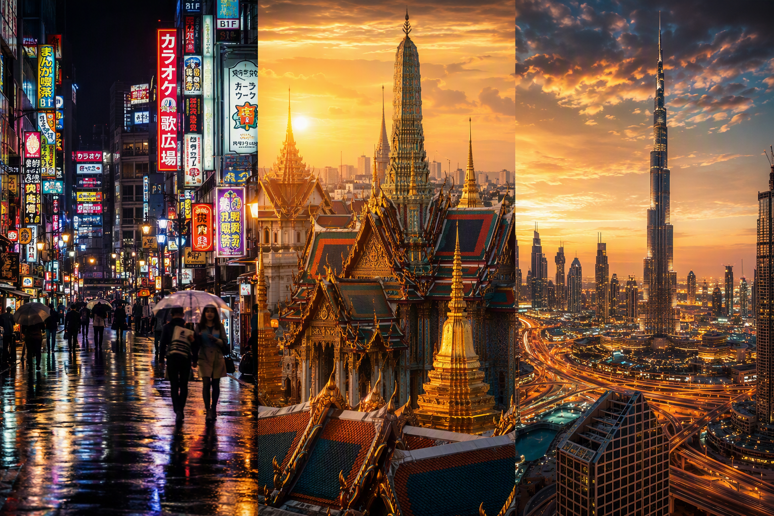 Tokyo, Bangkok and Dubai skylines combined, representing eSIM options for Japan, Thailand and Dubai