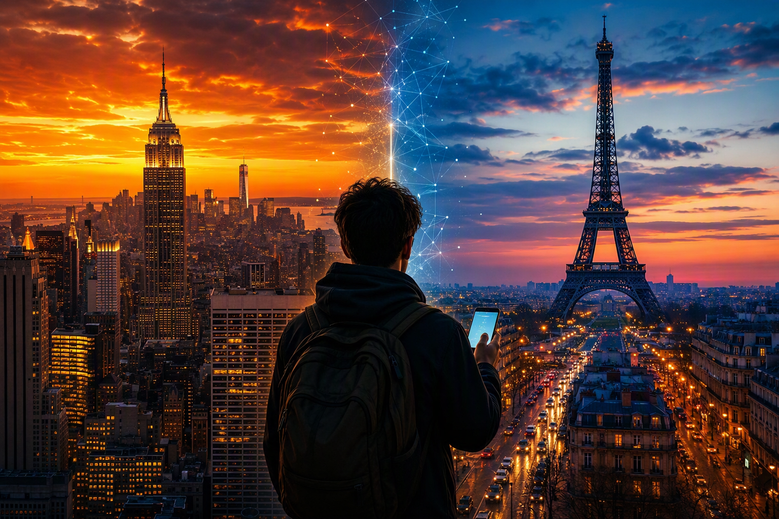 New York and Paris skylines side by side, representing eSIM plans for USA and Europe travel