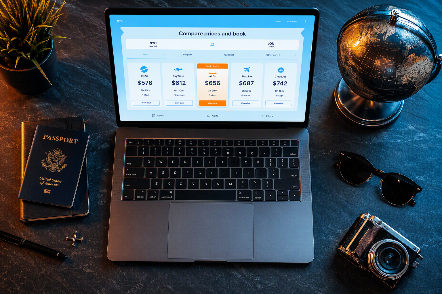 Laptop showing an eSIM price comparison grid alongside travel essentials