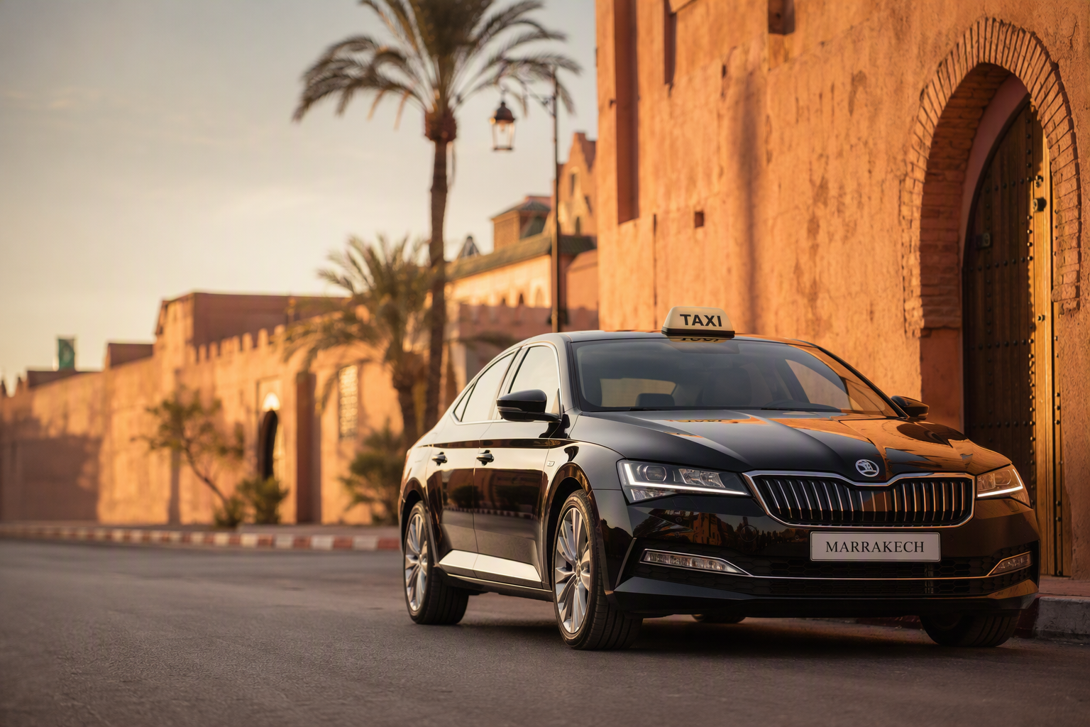 Berline noire de transfert privé garée dans une rue ensoleillée de Marrakech