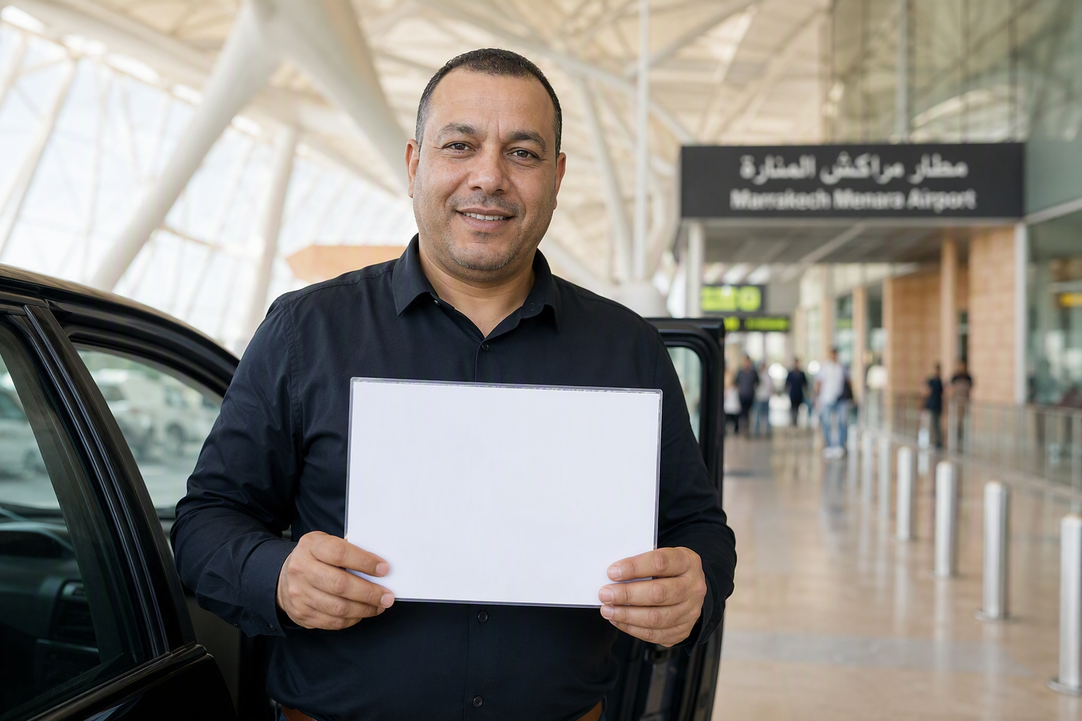 Chauffeur professionnel accueillant un client avec une pancarte nominative à l'aéroport de Marrakech