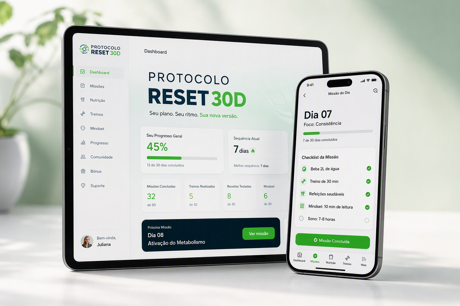 Mockup do Protocolo RESET 30D mostrando o sistema diário de missões