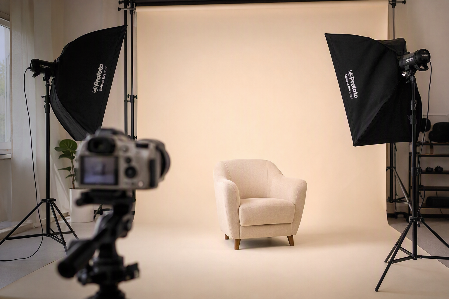 Studio photo professionnel équipé de softbox et d'un appareil reflex sur trépied