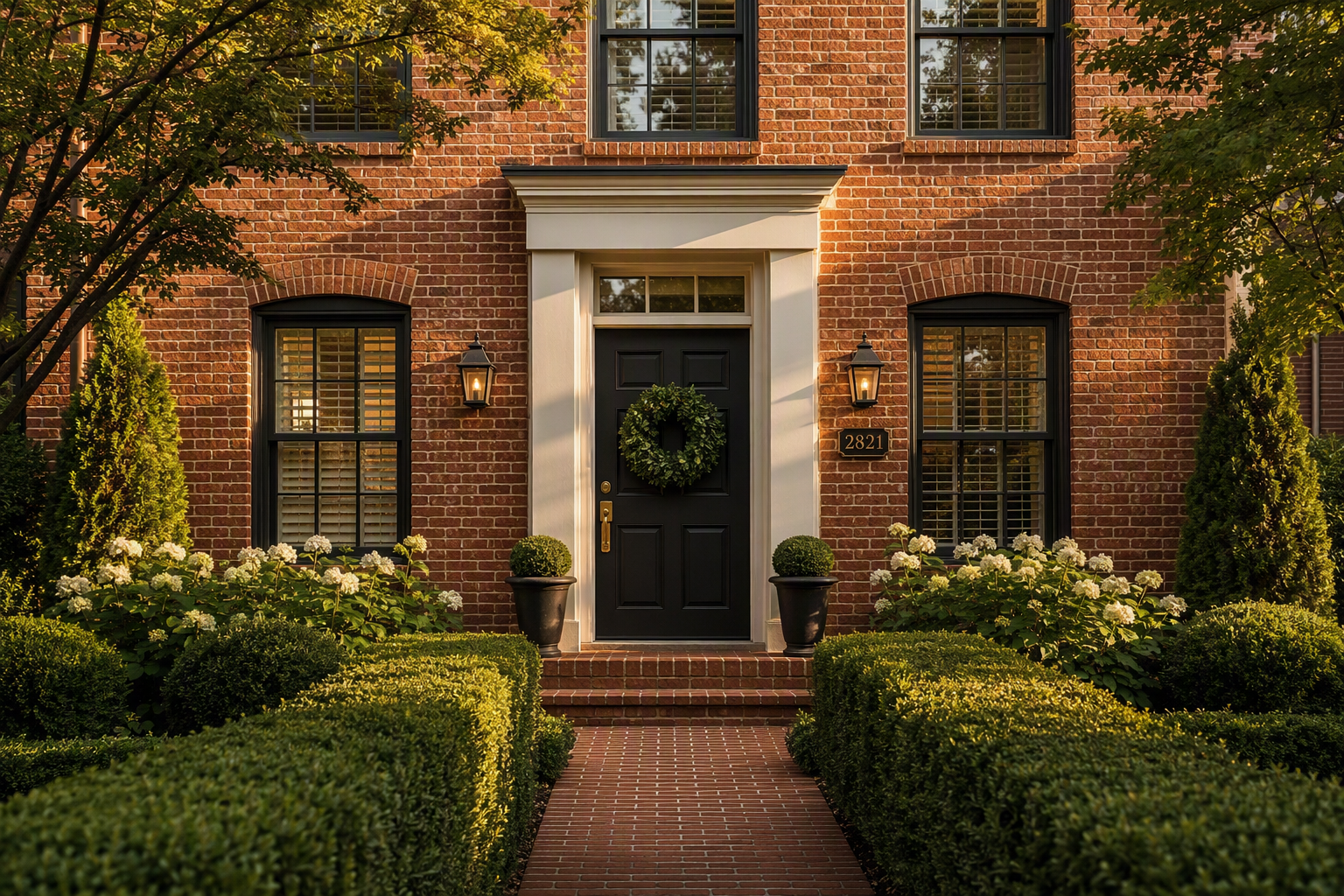 Older brick Charlotte townhome in late afternoon light