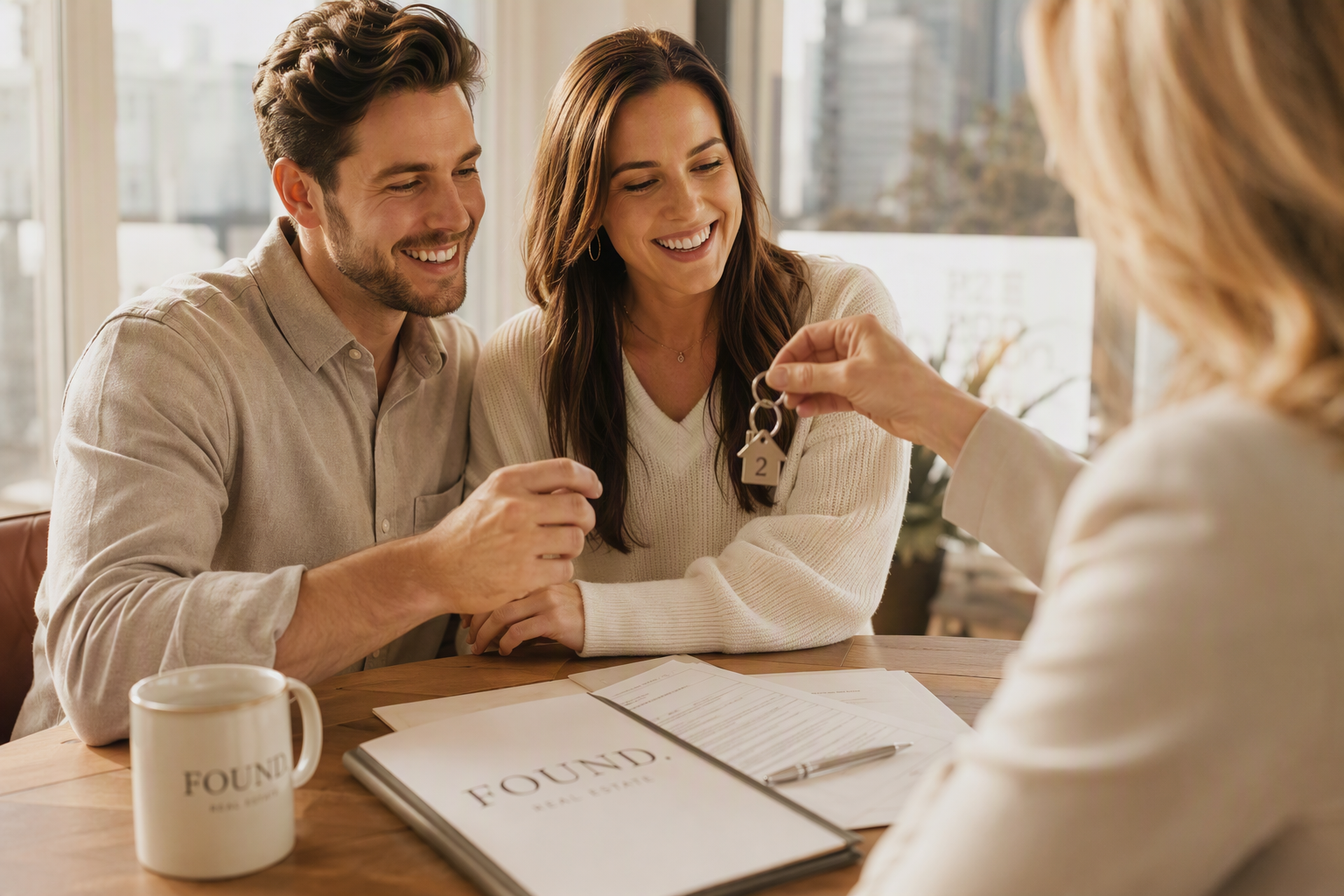 Clients receiving keys at the closing table, candid moment