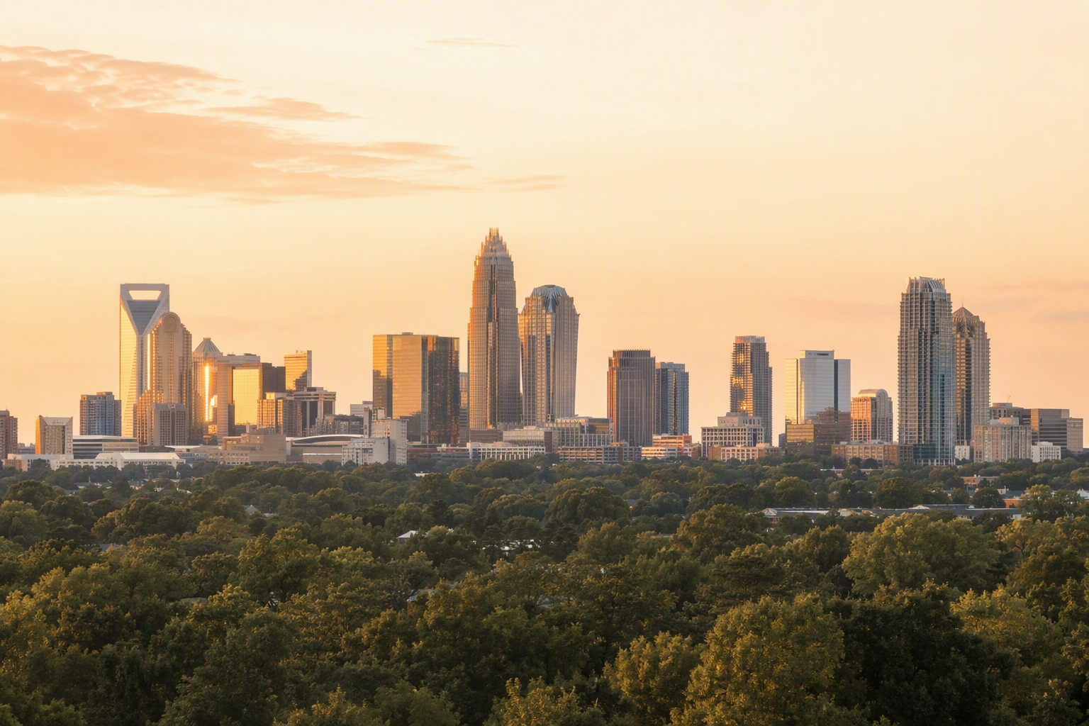 Charlotte skyline in warm golden hour light