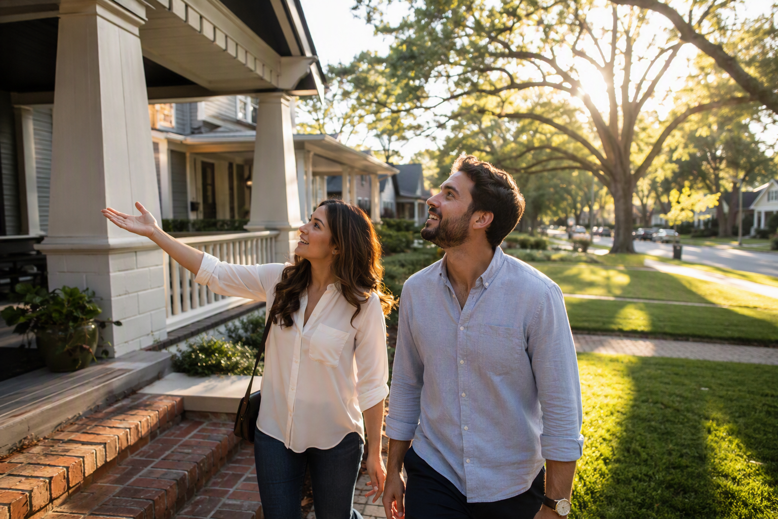 Buyers touring the front porch of a Charlotte home