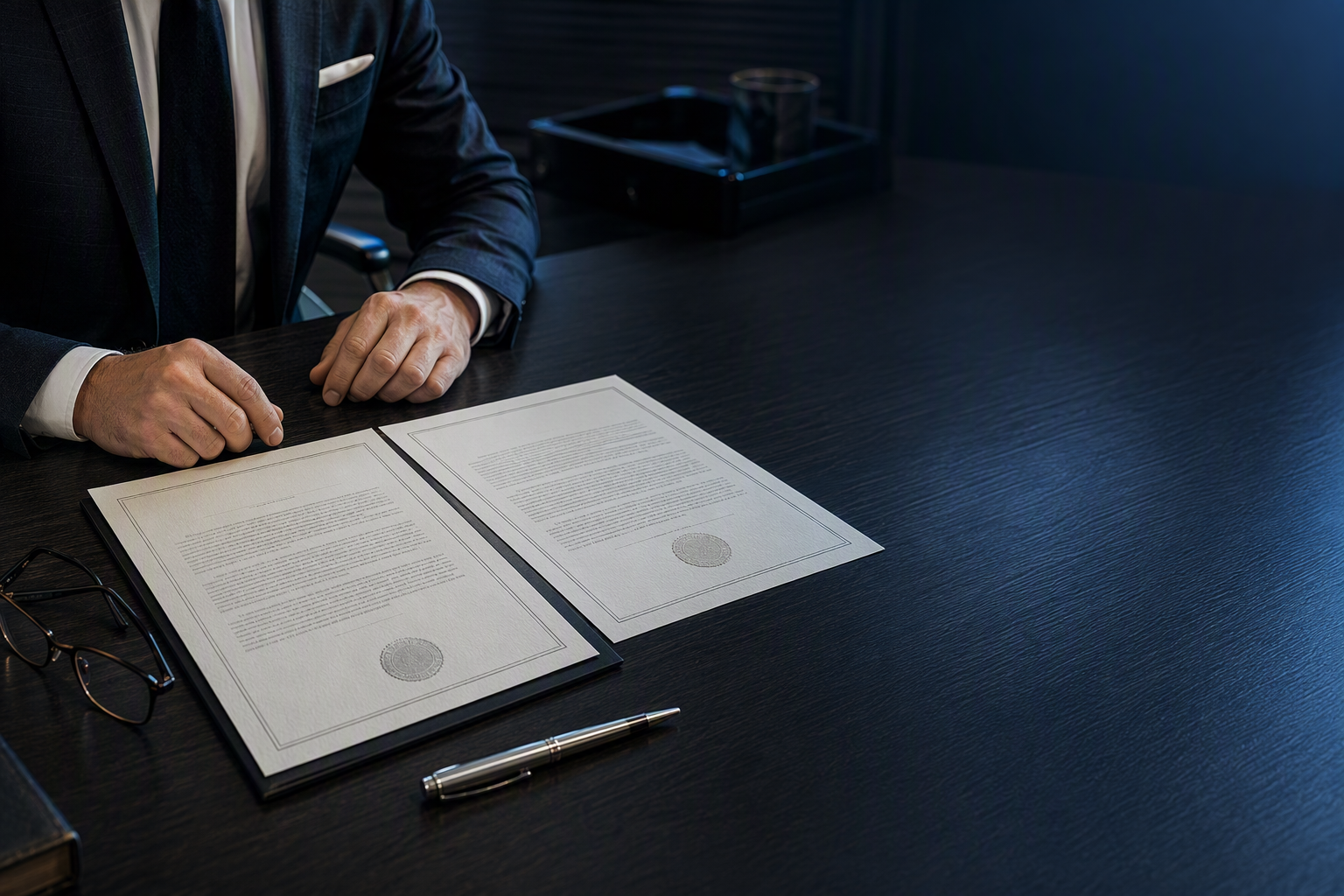 Escritorio profesional con un contrato impreso, un documento de garantía y una persona revisando las cláusulas con calma