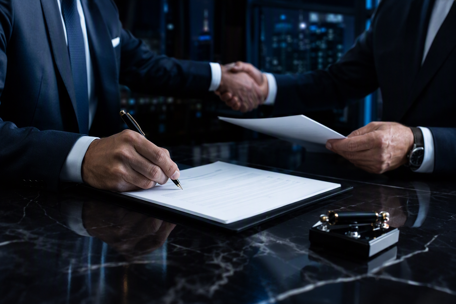 Dos personas formalizando un acuerdo: una firma la última página y la otra conserva una copia