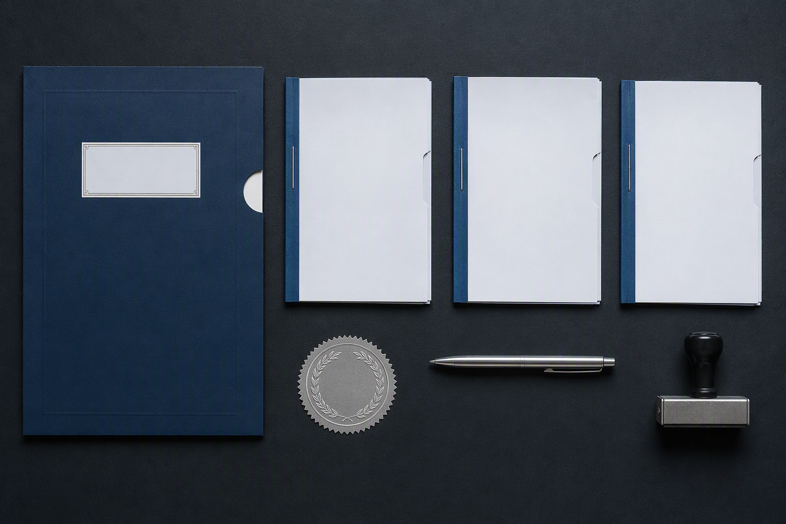Vista superior de documentación financiera organizada con carpeta, sello en relieve y bolígrafo
