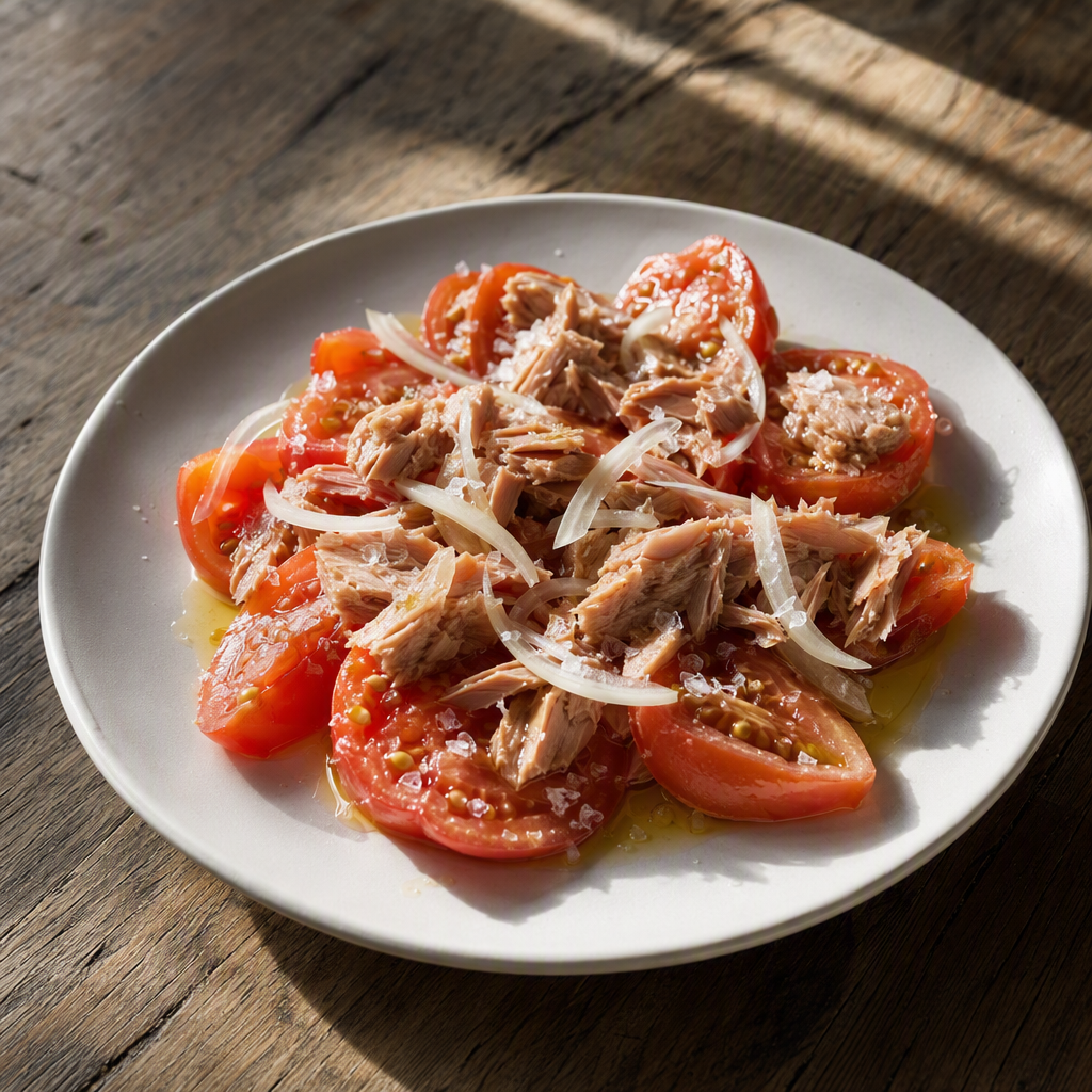 Tomates con atún: rodajas de tomate con atún, cebolla y aceite de oliva