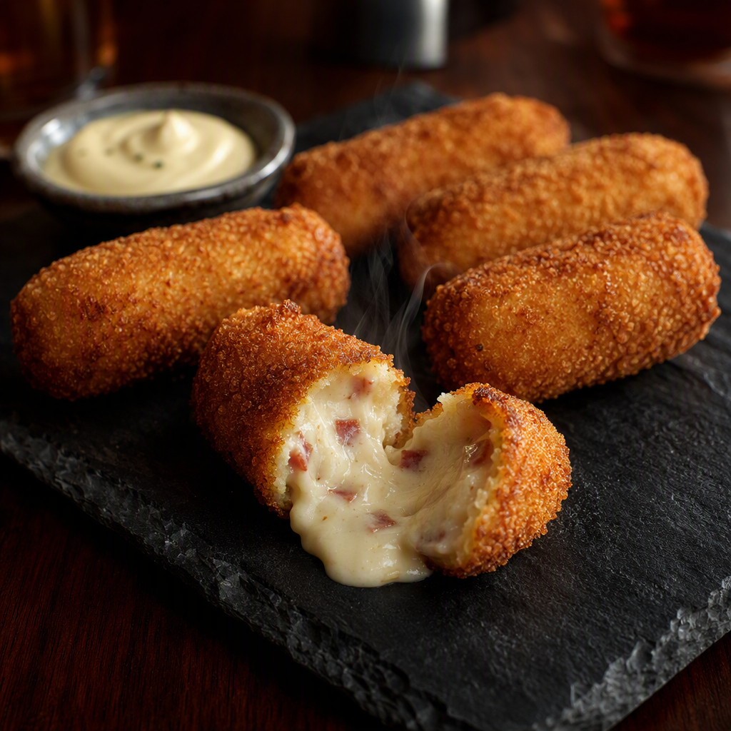 Croquetas caseras doradas, una abierta mostrando la bechamel cremosa