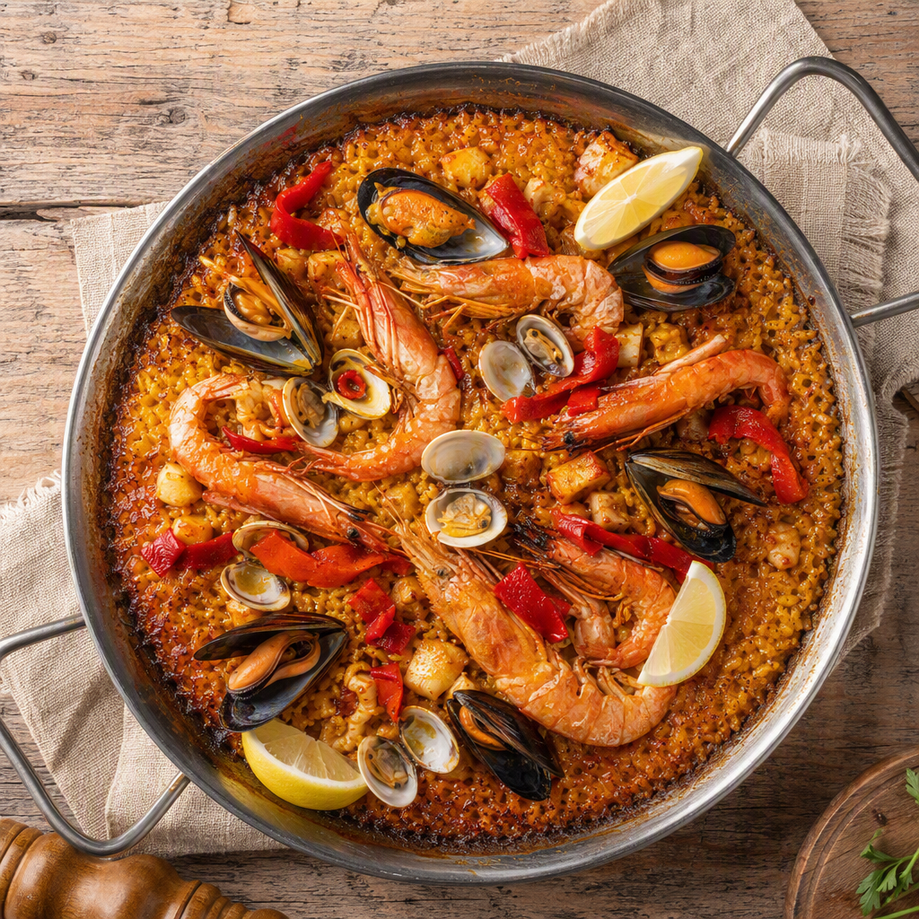 Paella marinera en paellera con gambas, mejillones y limón
