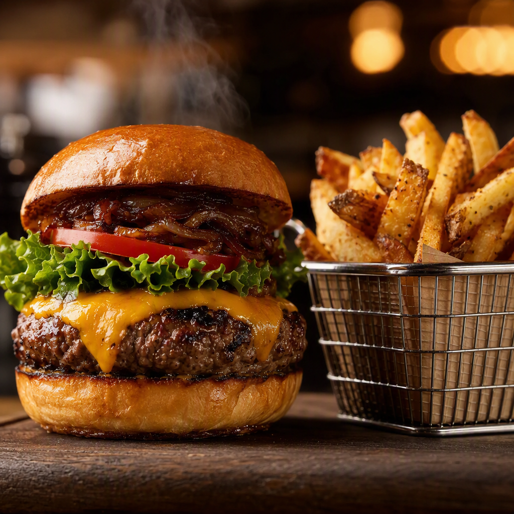Hamburguesa a la parrilla con queso fundido y patatas gruesas