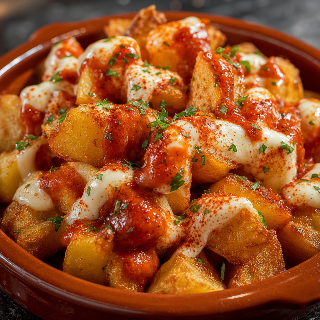 Patatas bravas en cuenco de cerámica con salsa brava y alioli