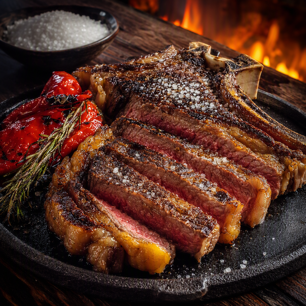 Chuletón Txonguitxu a la brasa cortado sobre plancha caliente con sal gruesa y pimientos