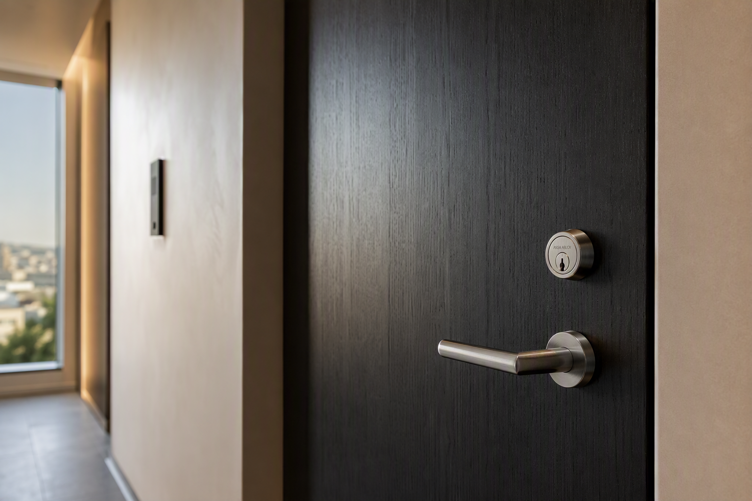 Charcoal apartment front door with a slim stainless steel lever handle and cylinder deadlock