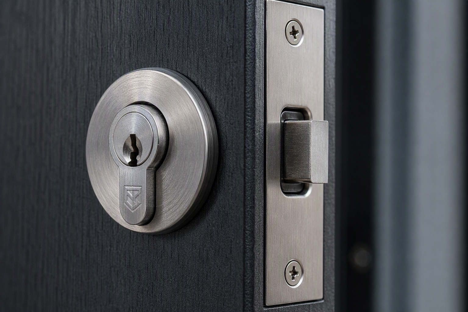 Macro view of a brushed steel euro-profile lock cylinder and deadbolt set into a dark door edge