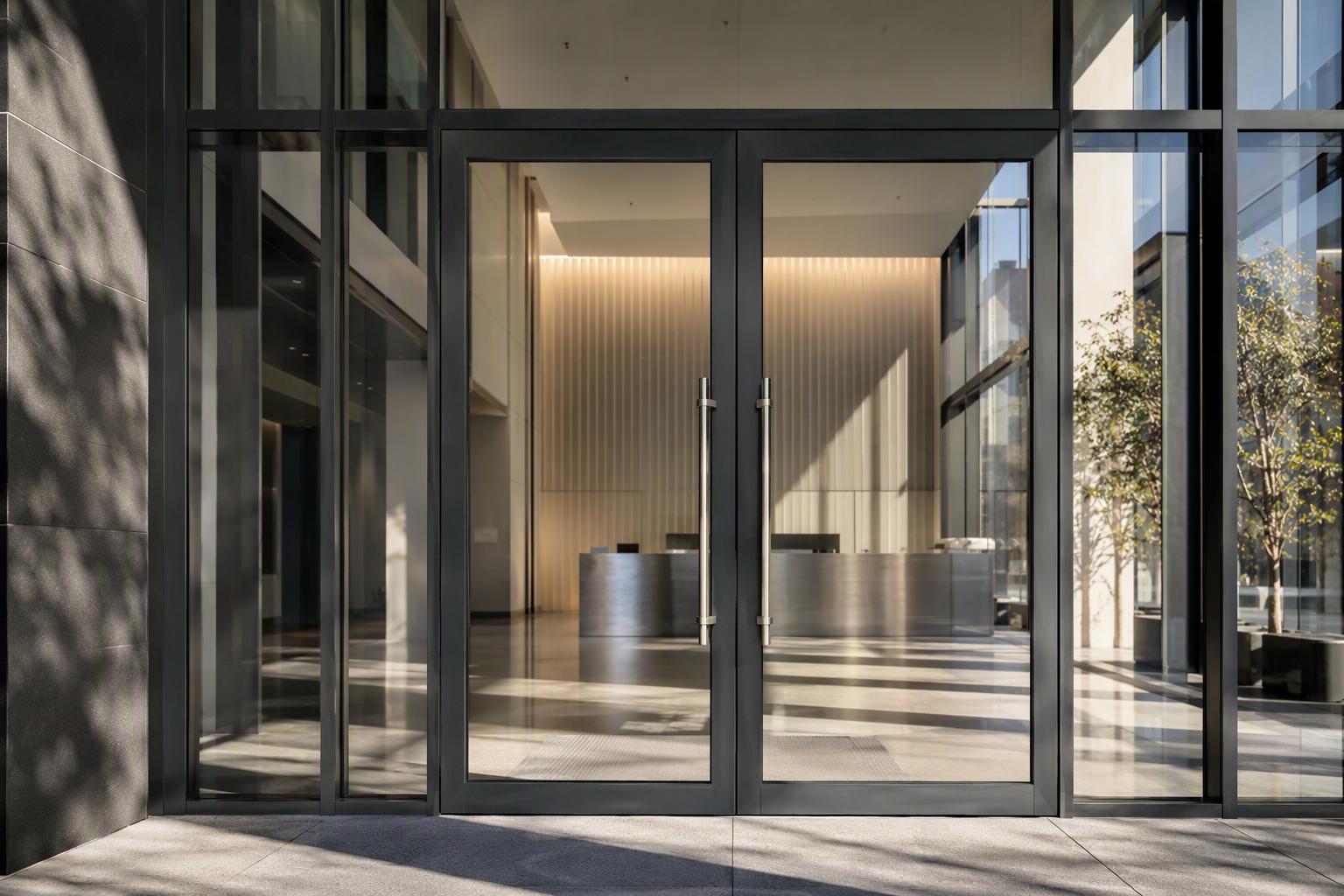 Full-height glass commercial lobby doors with graphite aluminium framing and brushed metal pull handles