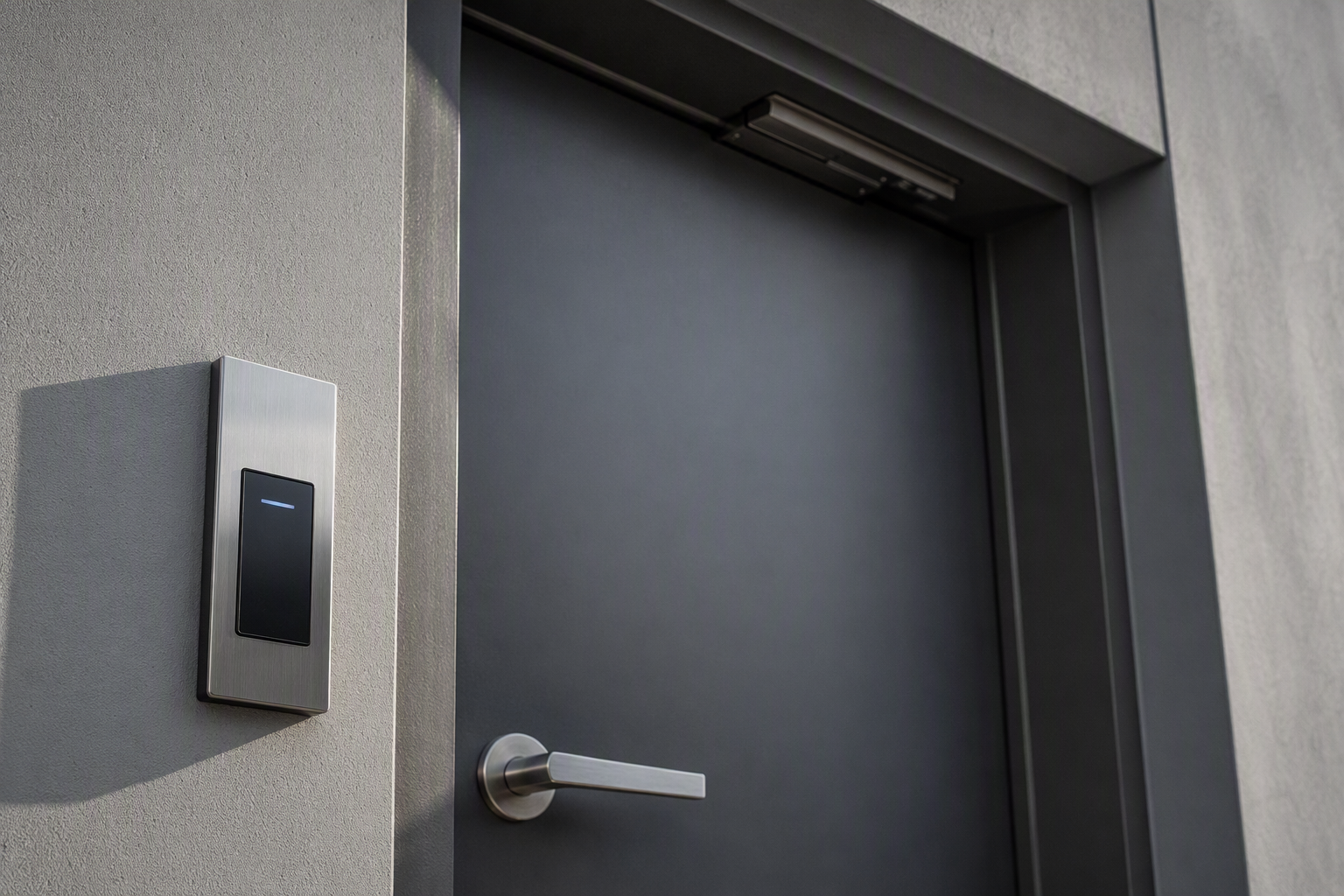 Brushed steel access reader panel beside a heavy graphite door with a slim lever handle