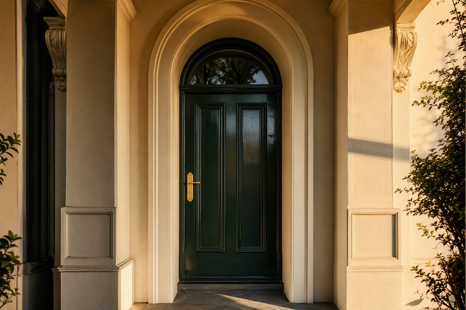 Tall heritage Melbourne front door painted deep eucalyptus green with a brass lever handle, raking afternoon light across the bluestone threshold