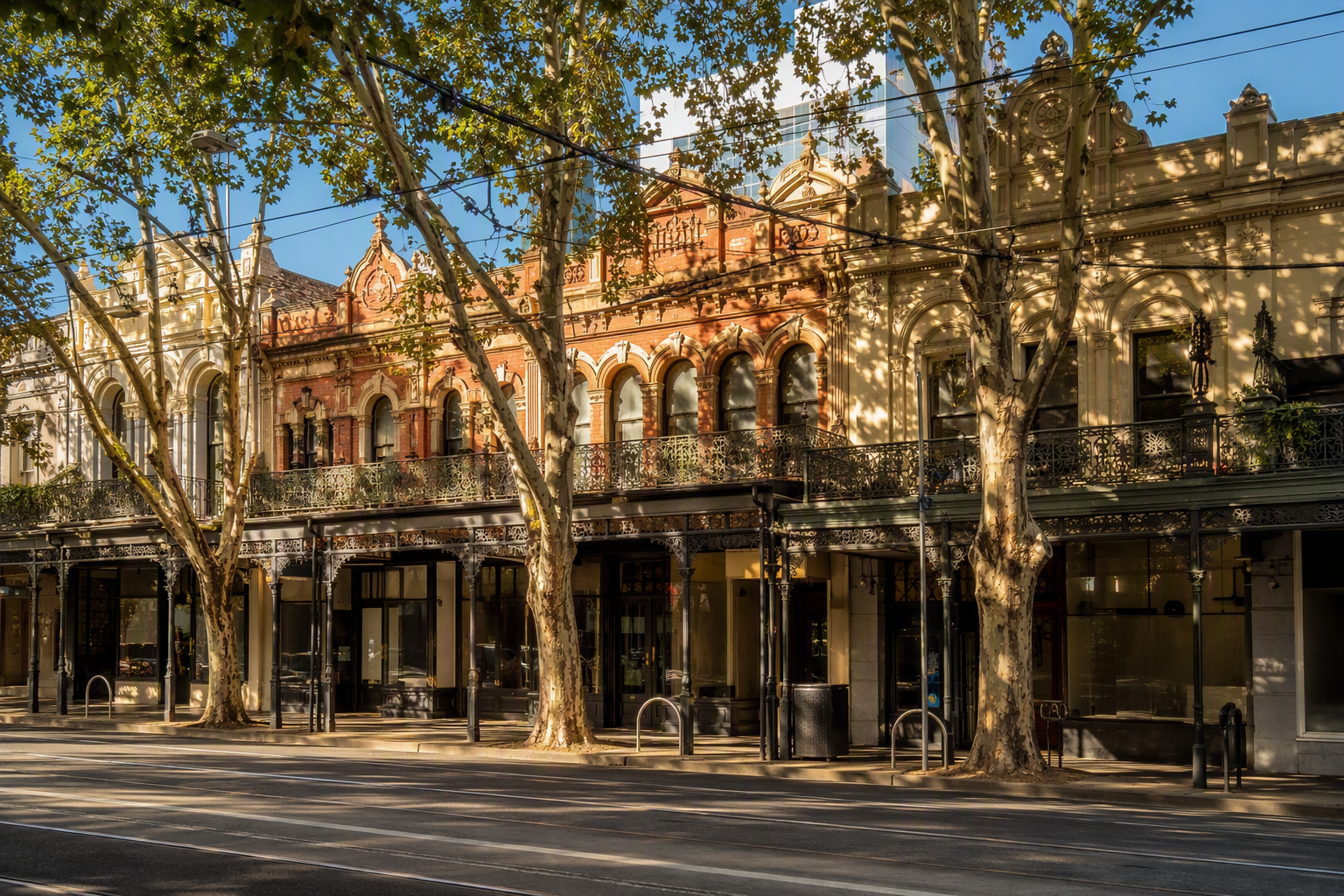 Leafy Hawthorn shopping street with Victorian-era retail facades, verandahs and mature plane trees in warm afternoon light
