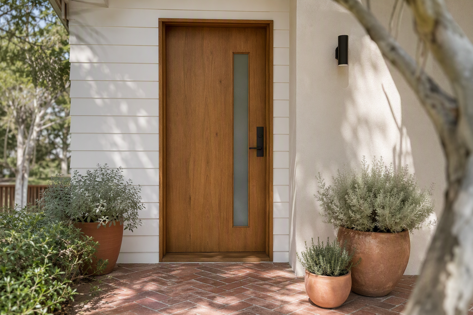 Entrance of a renovated Australian home with a natural timber front door, black lever handle and terracotta pots on a red brick porch