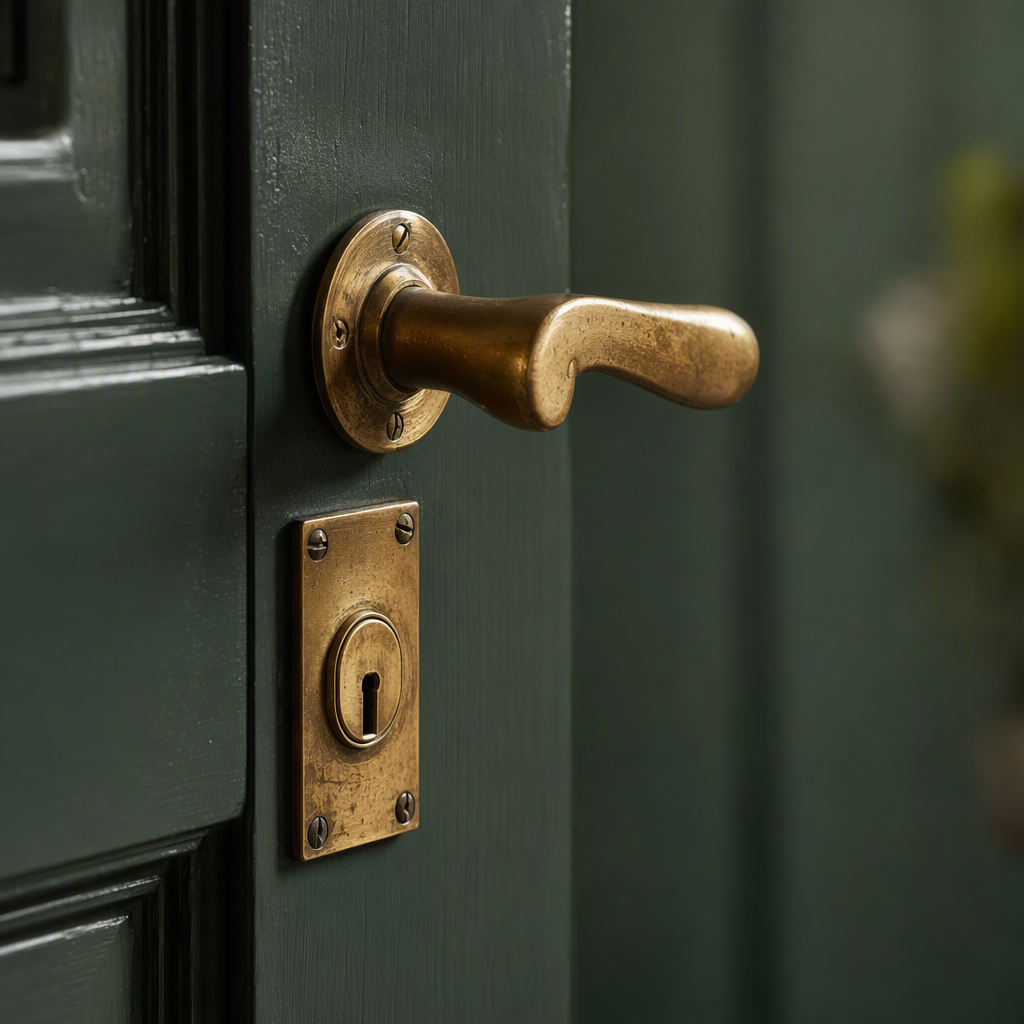 Macro detail of an aged solid brass lever handle and mortice escutcheon on a door painted deep eucalyptus green