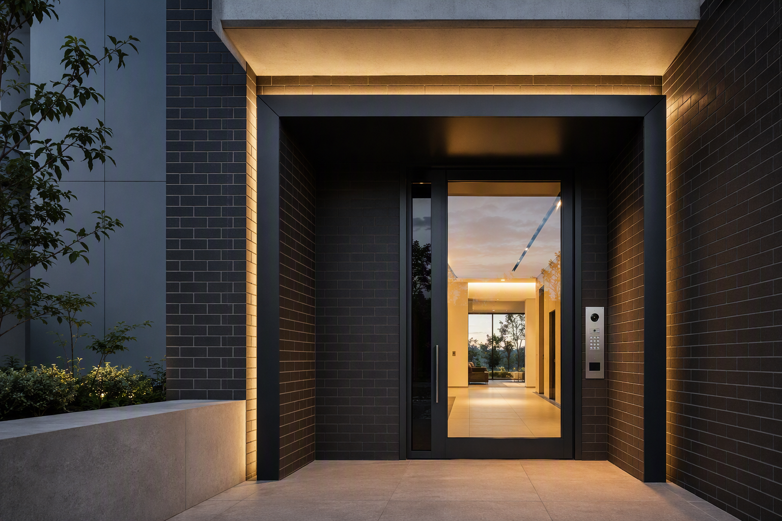 Recessed entry of a contemporary low-rise Melbourne apartment building with a charcoal steel and glass door and a brushed metal intercom panel