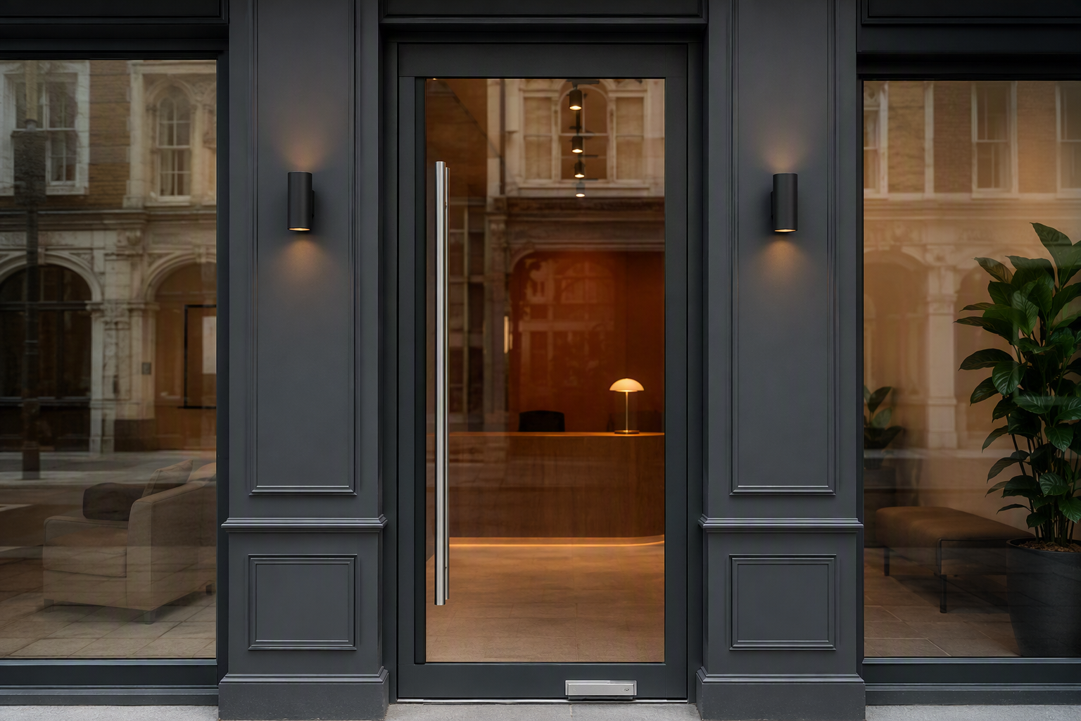 Small business shopfront entrance with a full-height glass door in a slim dark aluminium frame and a brushed steel pull handle
