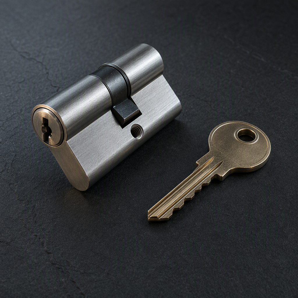 Euro profile lock cylinder resting beside a single brass key on a dark charcoal surface